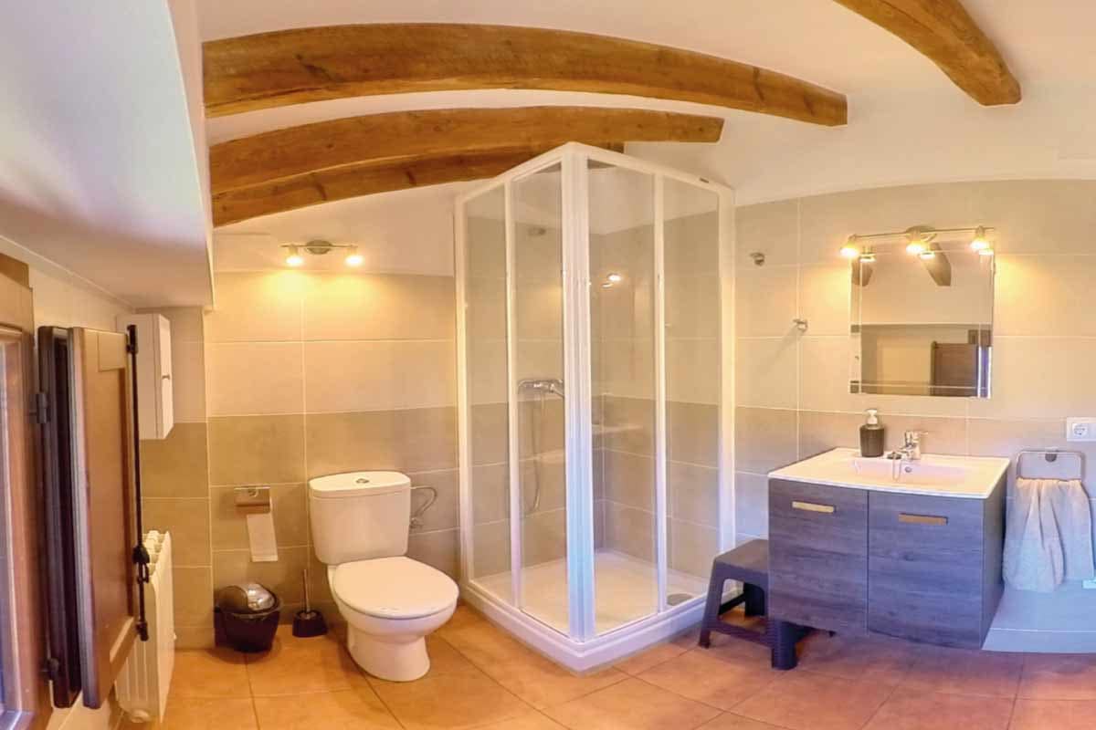 Bany on hi ha un lavabo, una dutxa tancada amb una cristallera vista, una paperera, una pica amb un moble de color fusta fosc amb dos calaixos, un espill, un tamboret i una tovallola color beix.